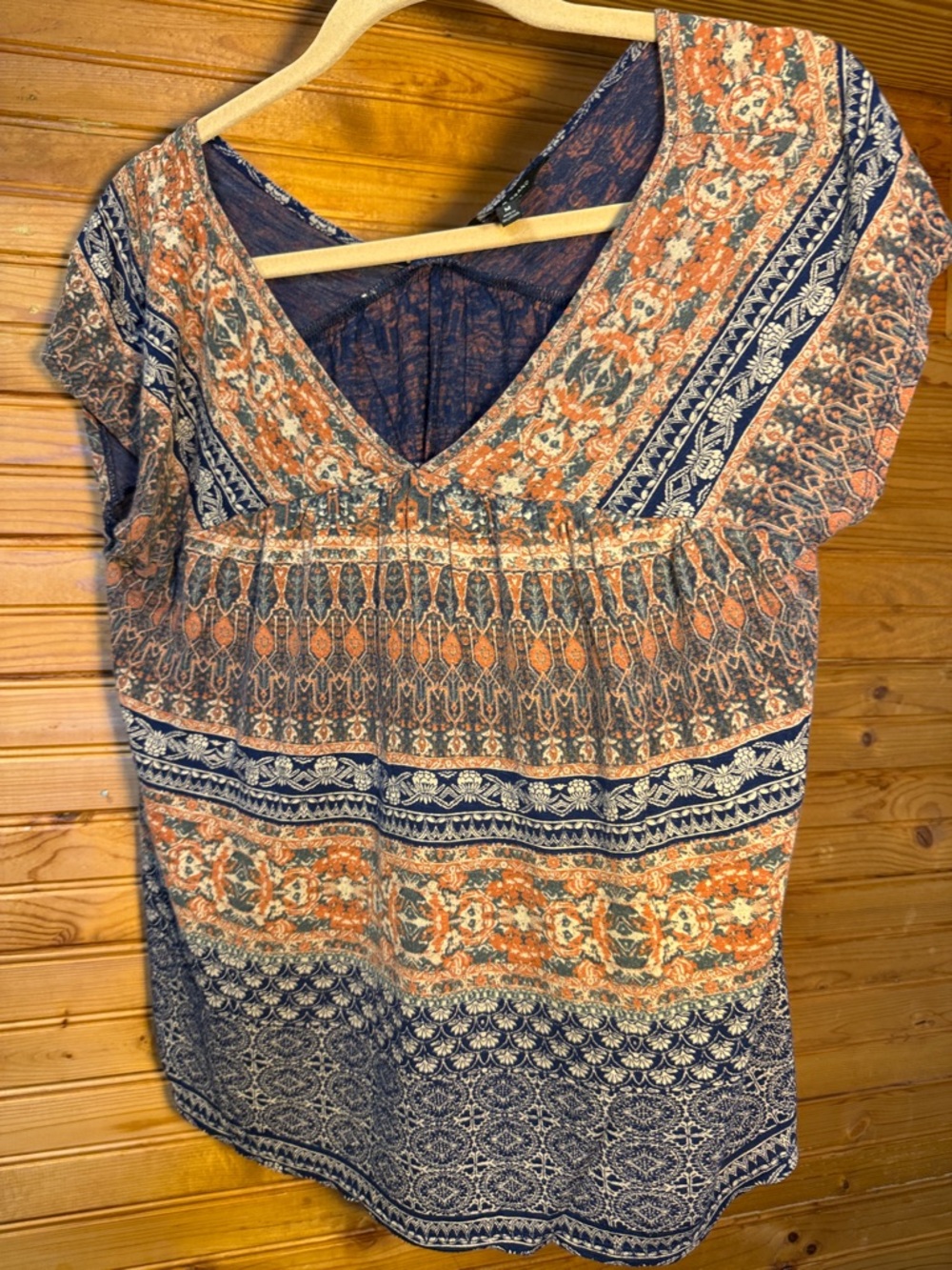 Lucky Brand V-Neck Boho Tunic in Navy and Rust